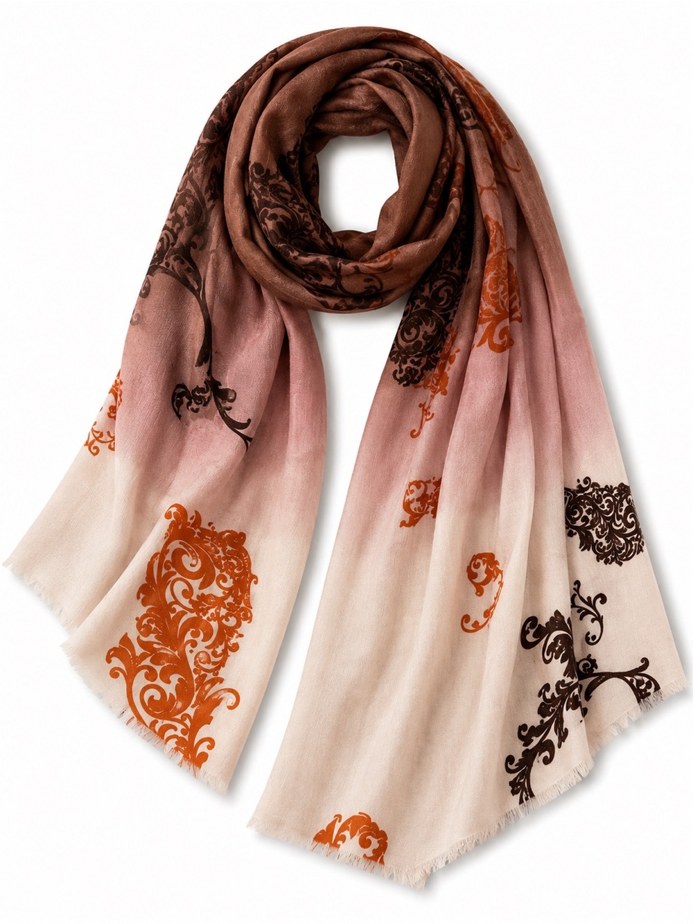 Elegant Gradient Brown to Cream Scarf with Orange and Dark Brown Print